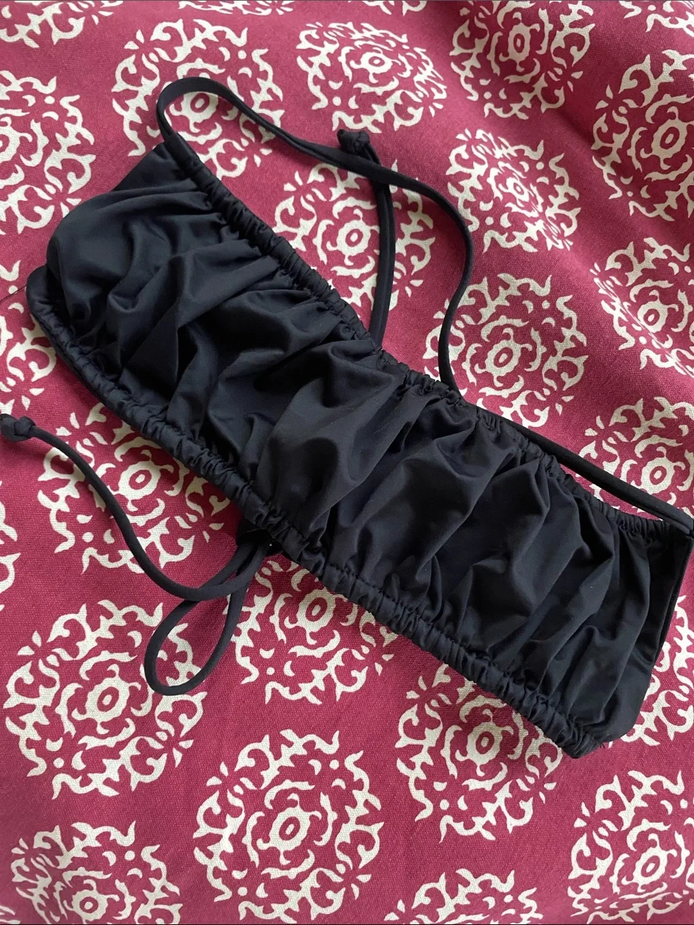 Frankie’s Bikinis black ruched bandeau top adjustable size S